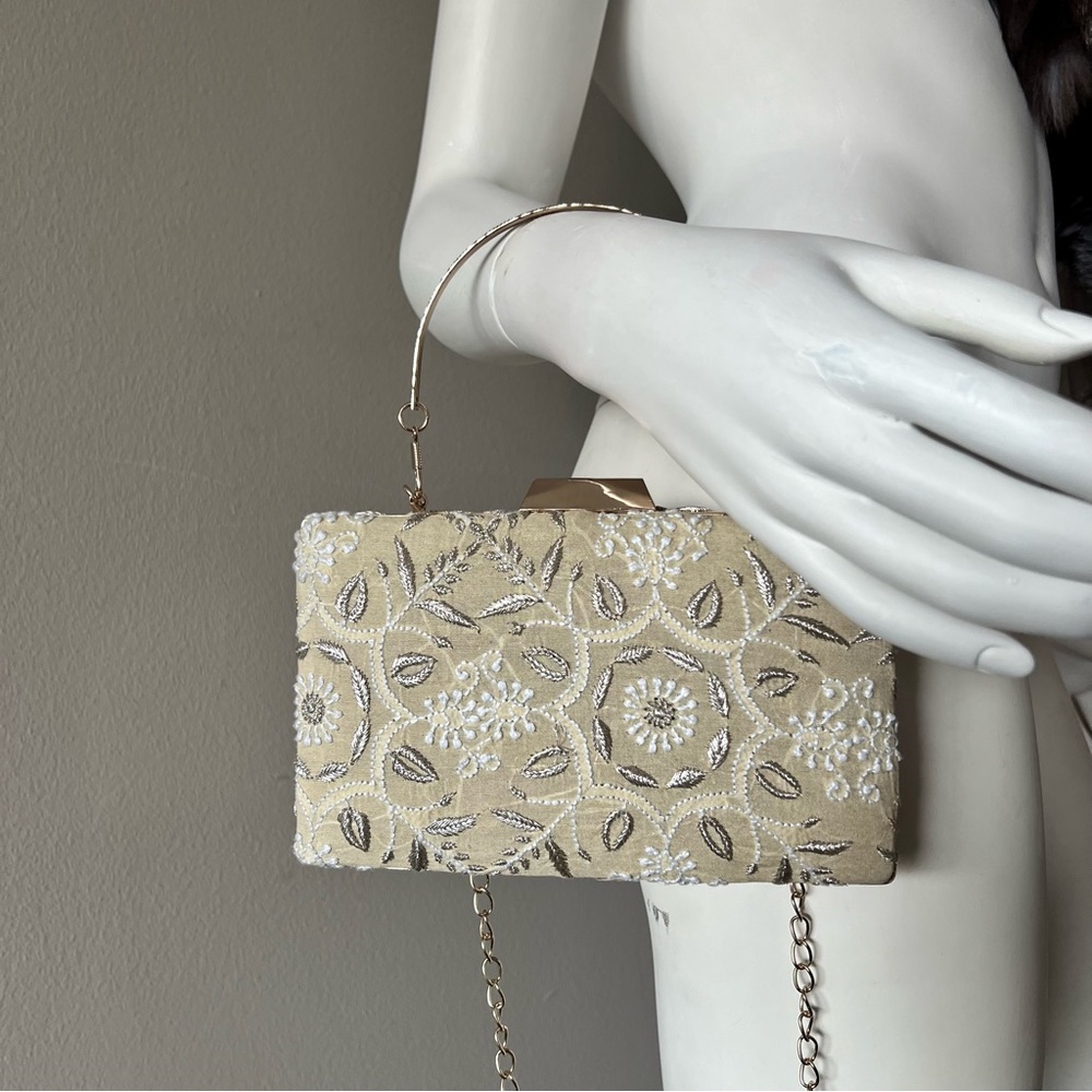 CLUTCH CRAFT Tussar Chickankri Beige Embroidered Fabric Clutch w/ Gold Details